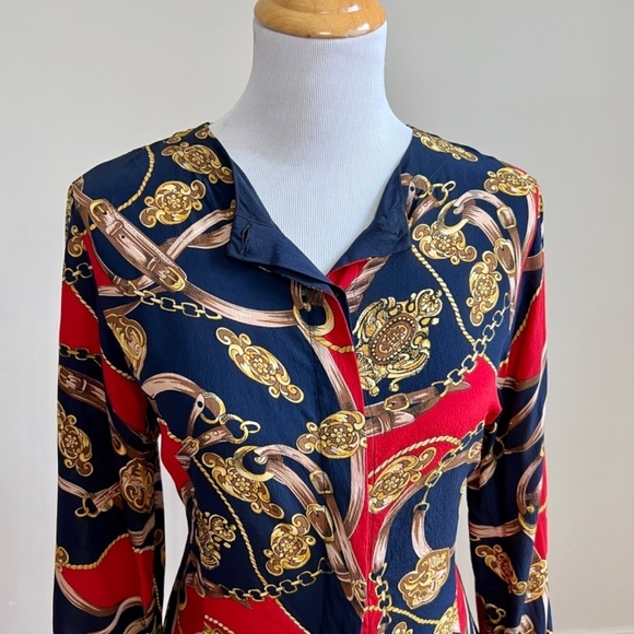 Vintage Stephanie Andrews 100% Silk Equestrian Navy Red Button Down Blouse Shirt - Picture 16 of 16